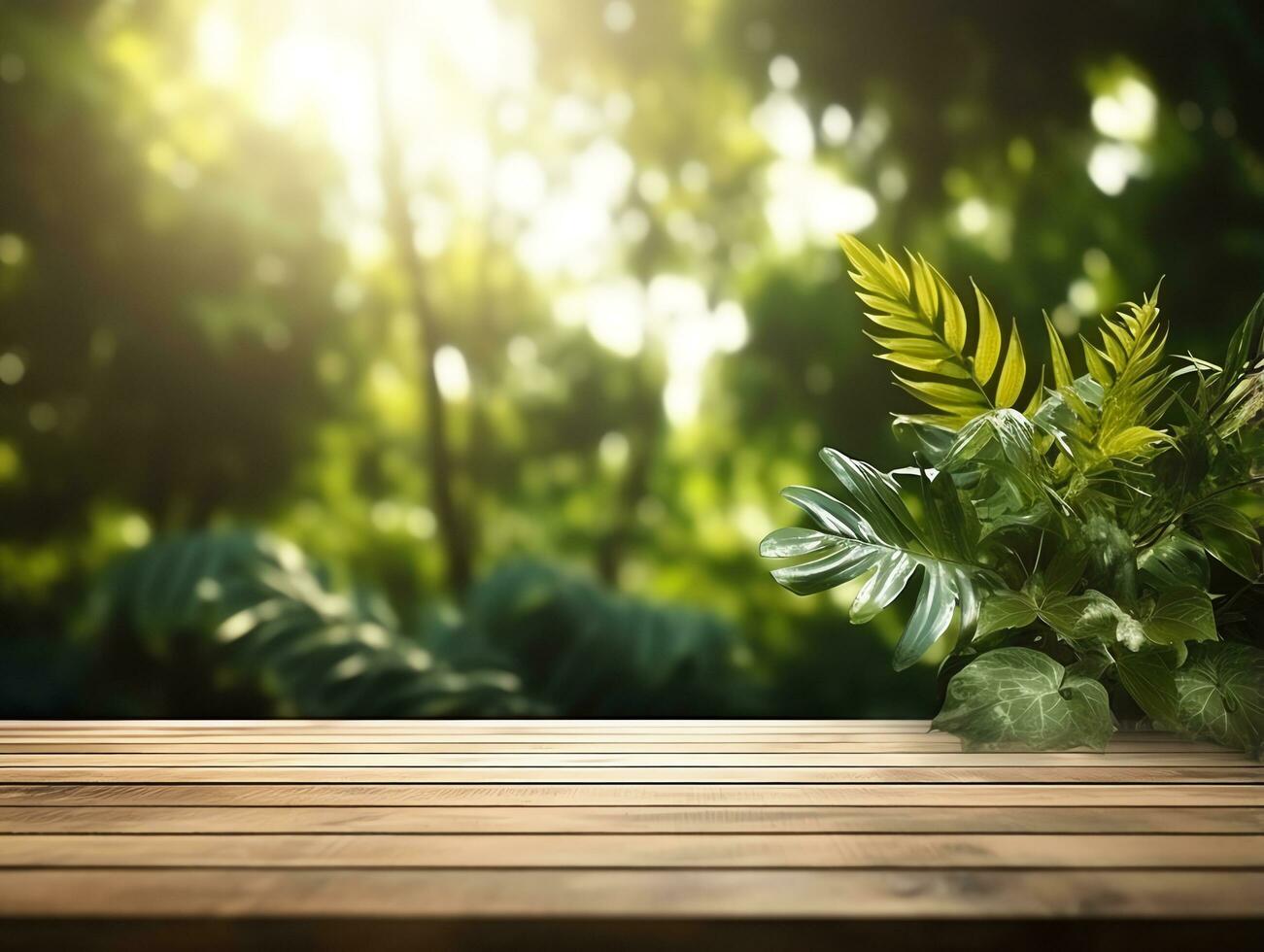 Abstract blank wooden tabletop over blurred green plant in garden background with morning sunlight,AI Generated photo