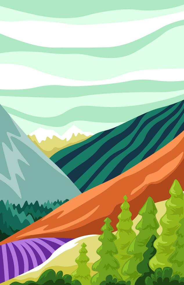 Scenery of fields and mountains range, landscape vector