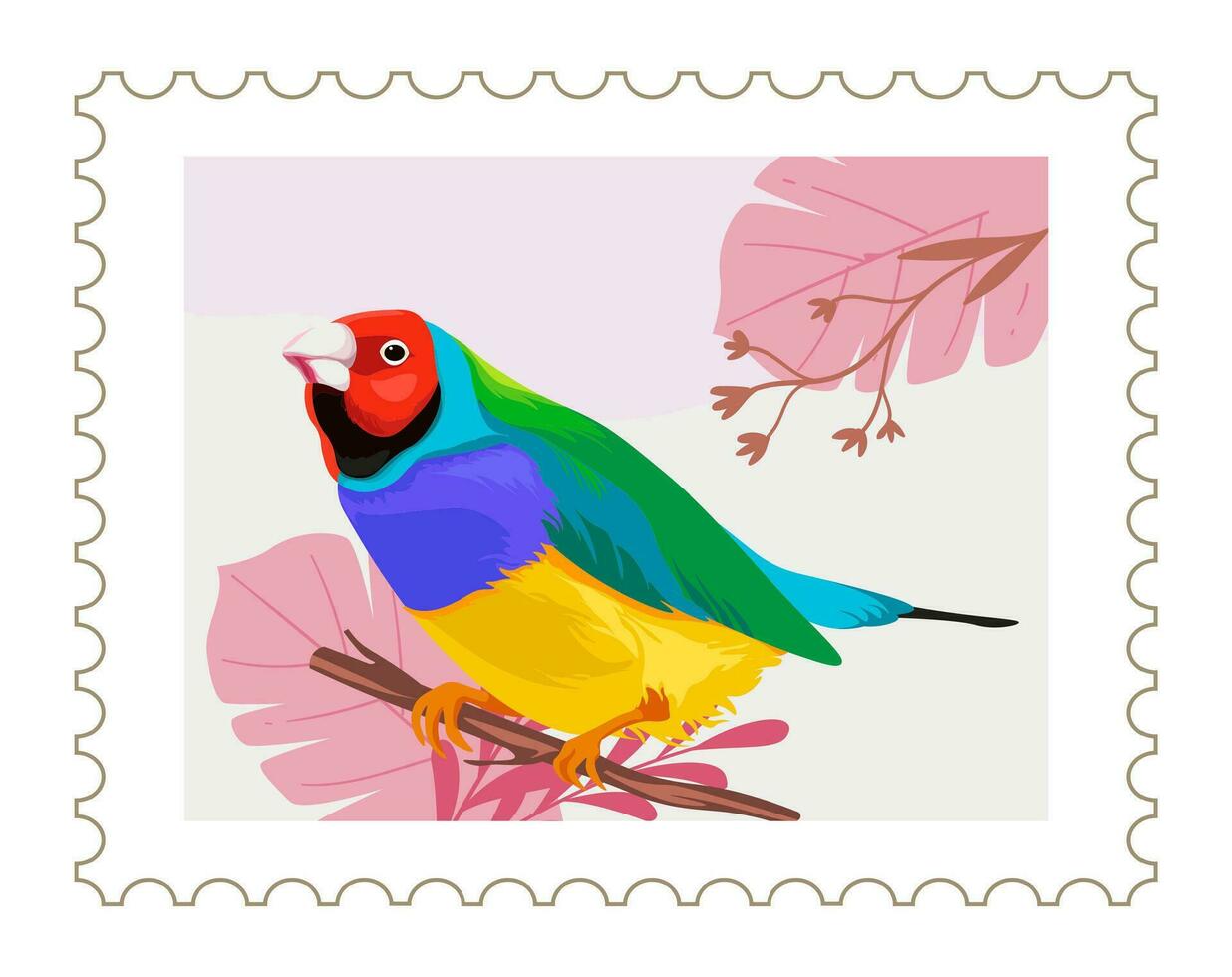 Postmark with parrot on branch and flora vector