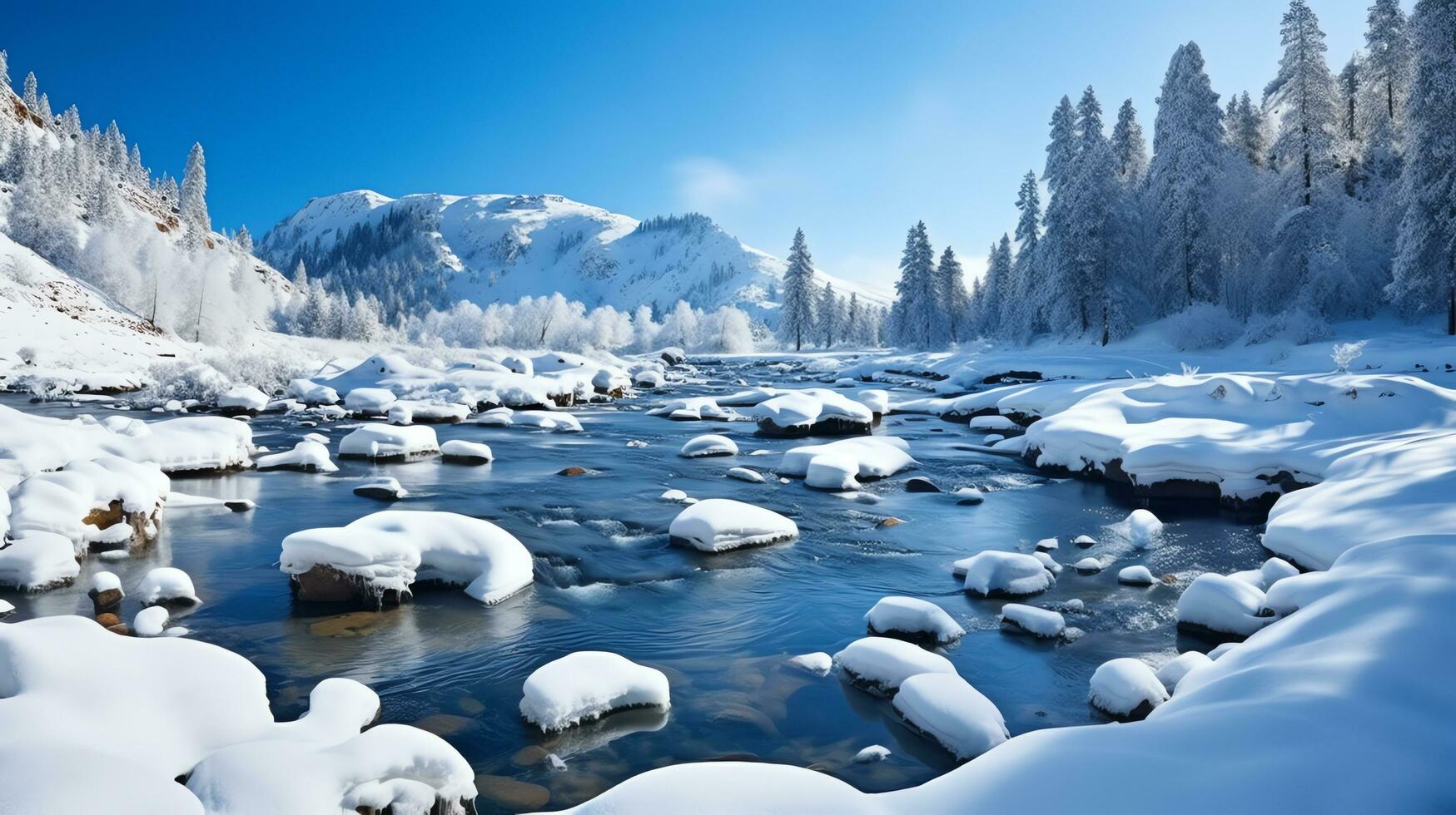 paisaje de invierno montaña con río en nacional parque, ai generado foto