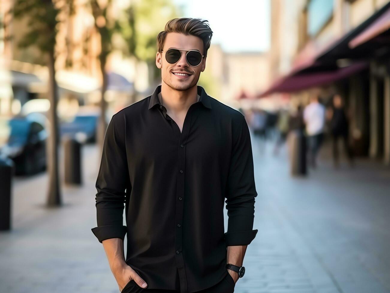 un hombre con Gafas de sol vistiendo blanco vacío negro camiseta Bosquejo para diseño plantilla, ai generado foto