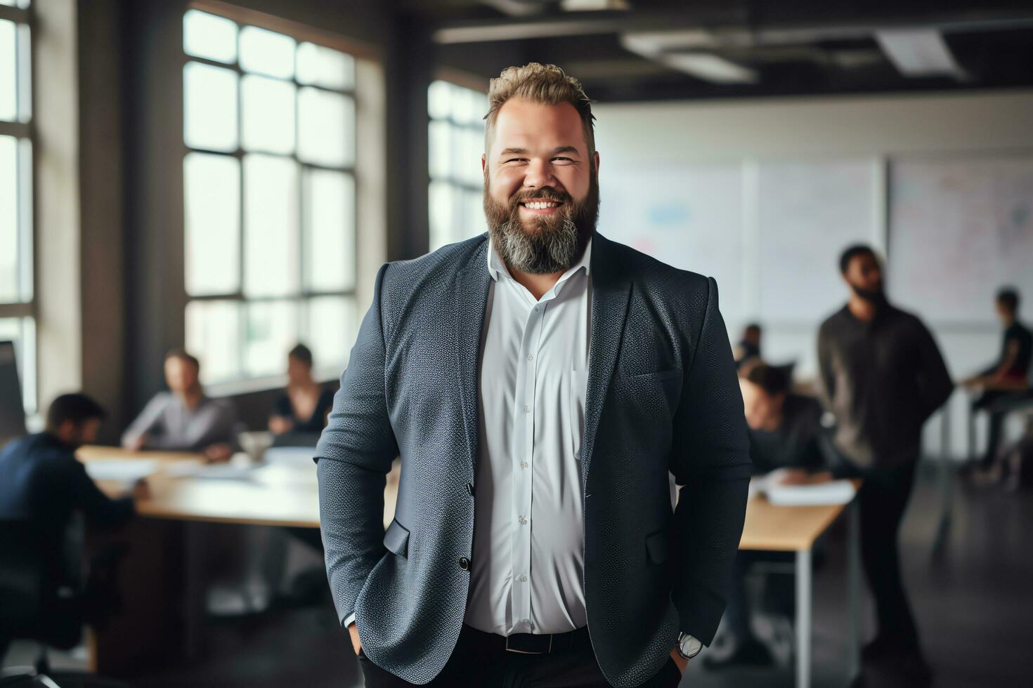 Plus size manager businessman CEO confident and standing front of modern office, AI Generated photo