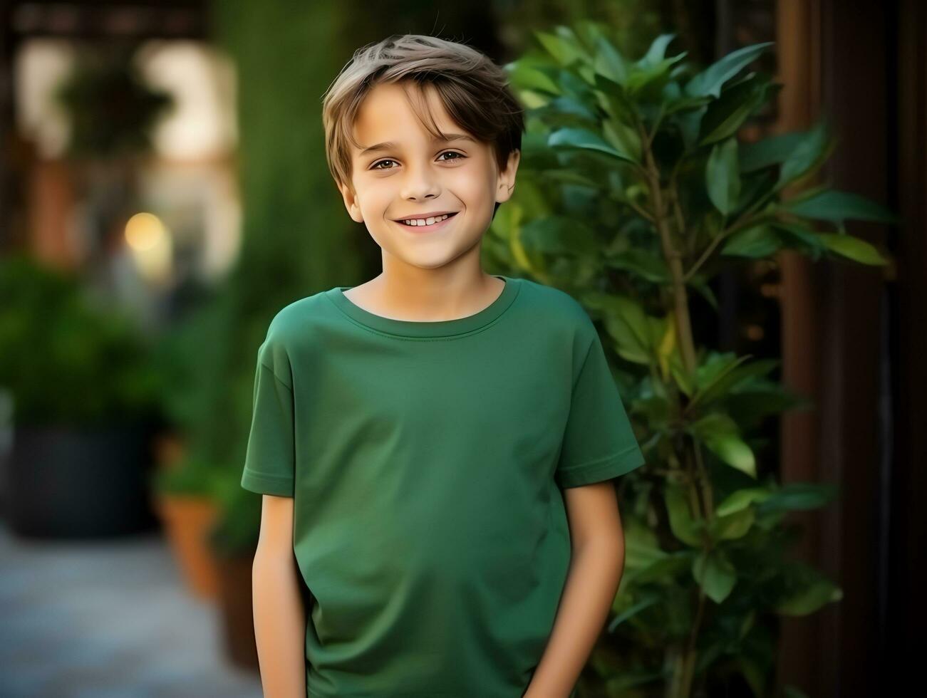 Cute boy wearing blank empty green t-shirt mockup for design template, AI Generated photo