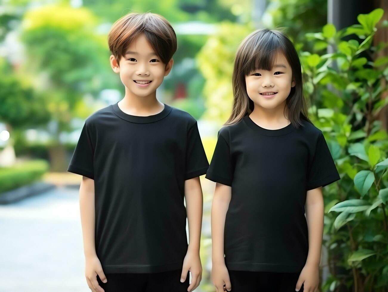 Cute sibling or friend, boy and girl wearing blank empty black tshirt mockup for design template,AI Generated photo