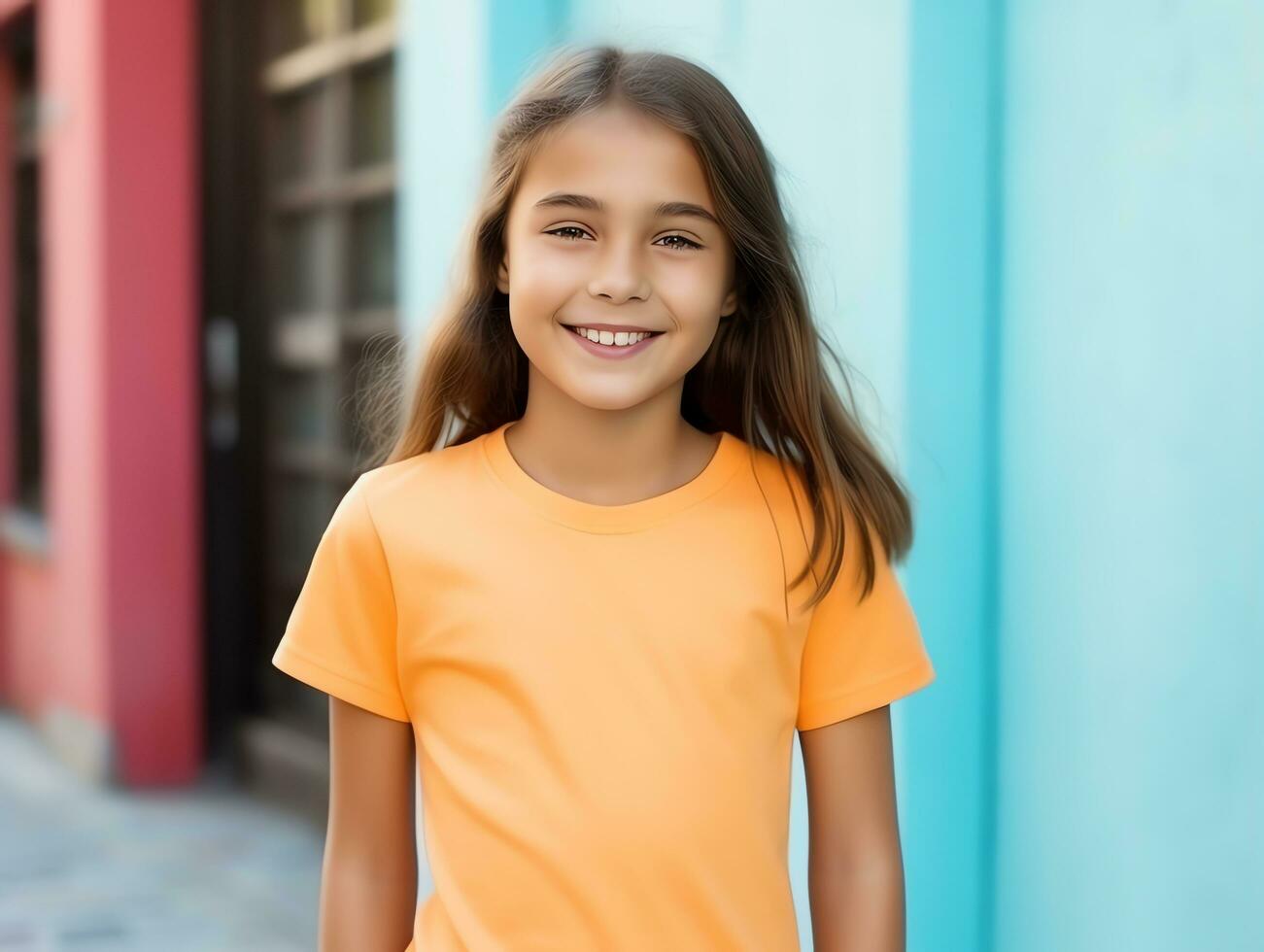 Cute little girl wearing blank empty yellow t-shirt mockup for design template, AI Generated photo