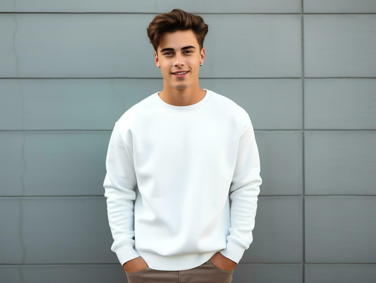 Young man wearing blank empty white t-shirt long sleeves sweater mockup for design template,AI Generated photo