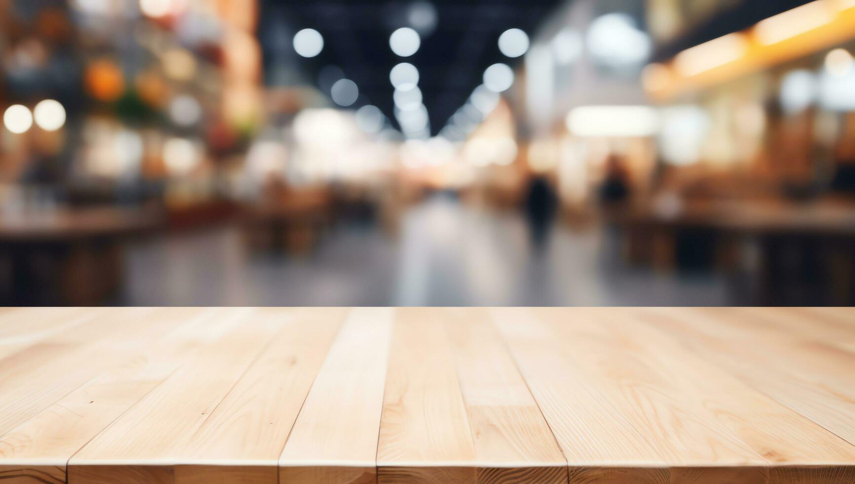 vacío madera mesa parte superior en difuminar resumen de calle compras centro comercial al aire libre fondo, para montaje producto mostrar, ai generado foto