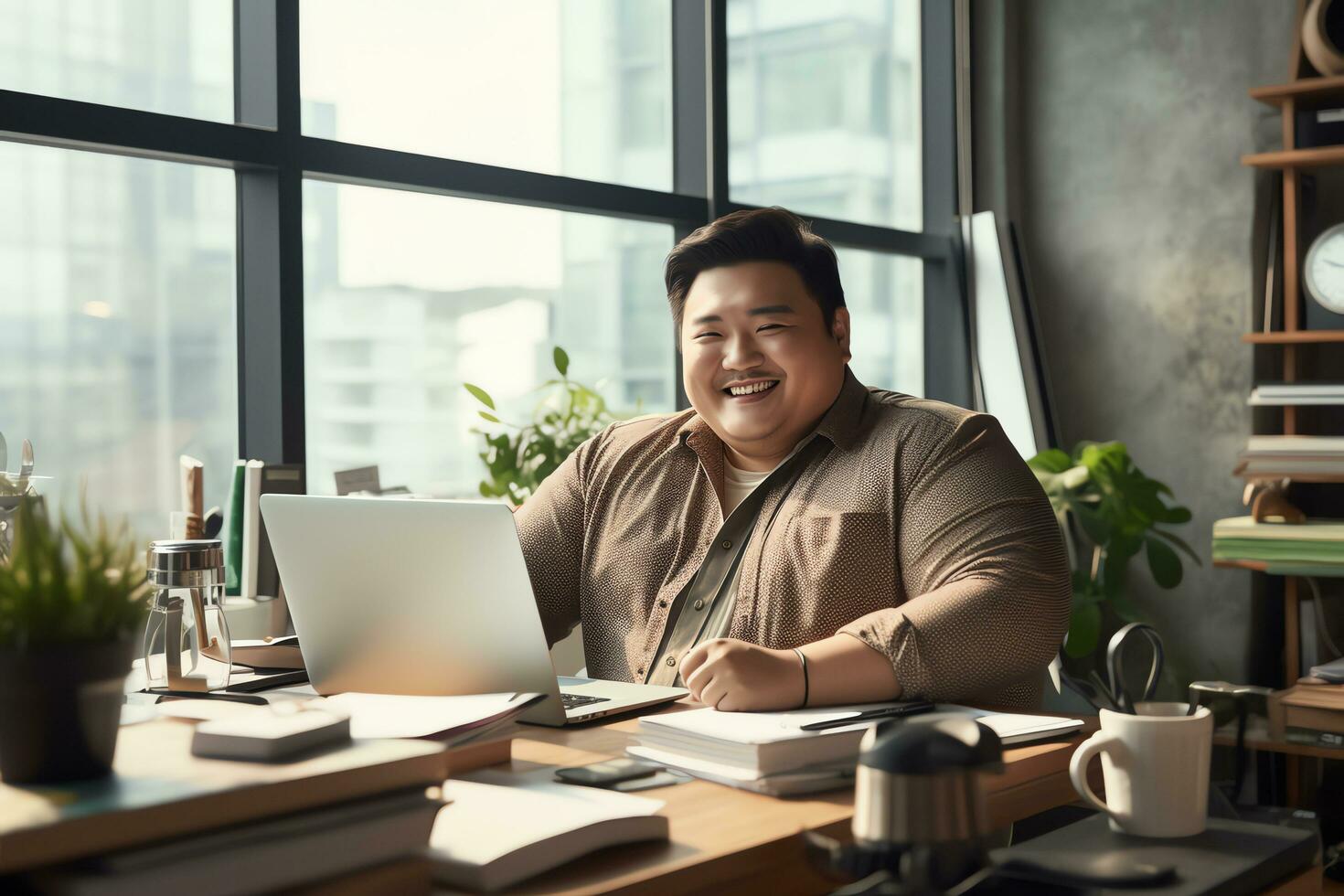 Plus size manager asian businessman CEO working in modern office, AI Generated photo