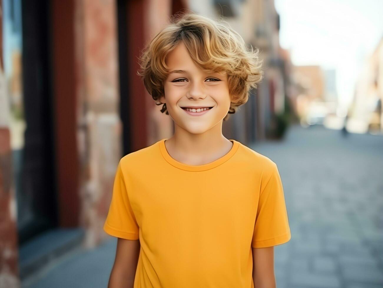 Cute boy wearing blank empty yellow t-shirt mockup for design template, AI Generated photo
