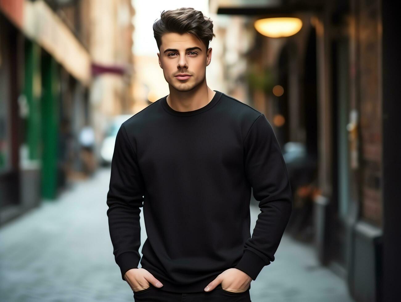 Attractive young man wearing blank empty black t-shirt long sleeves mockup for design template,AI Generated photo