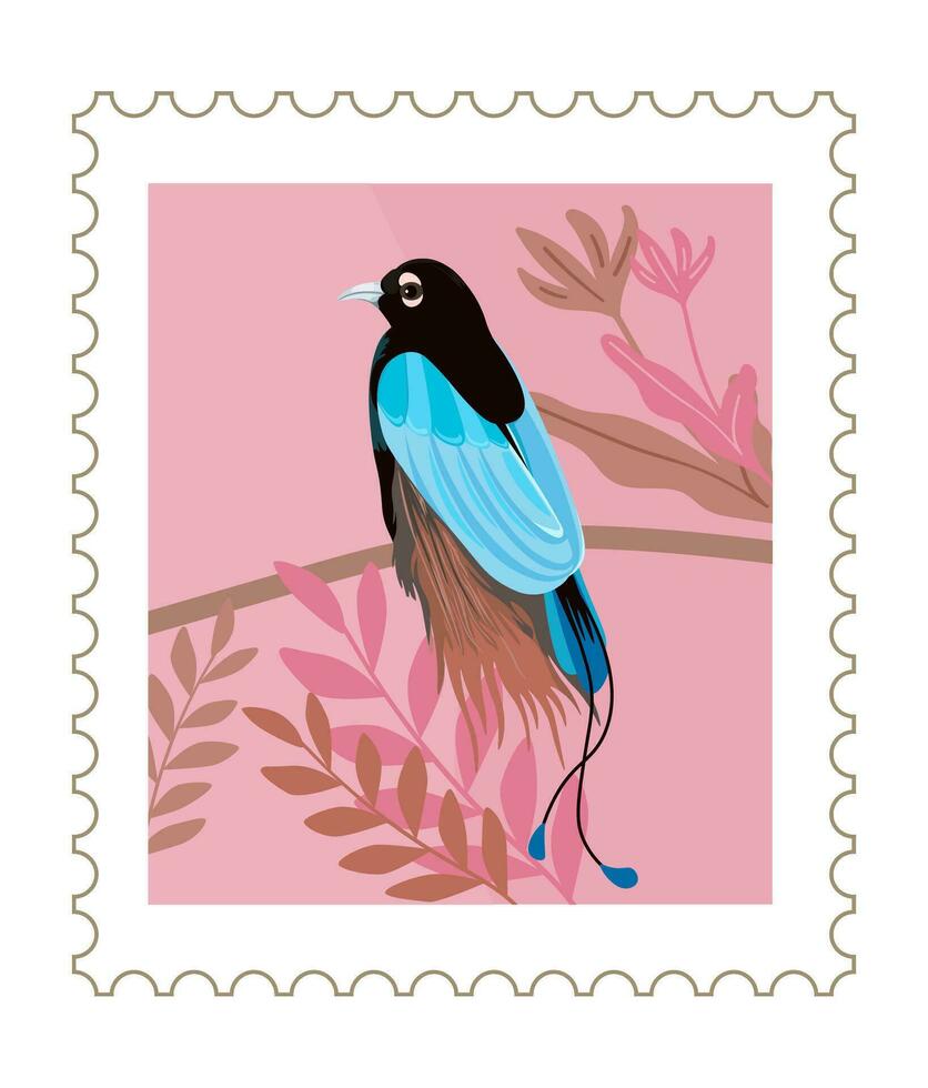 postal tarjeta o marca con exótico pájaro y hojas vector