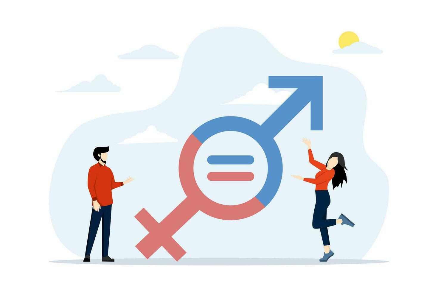 The concept of gender equality, equality of men and women, balance in the workplace, female and male workers have the same opportunities, entrepreneurs and women hold gender equality symbolically. vector