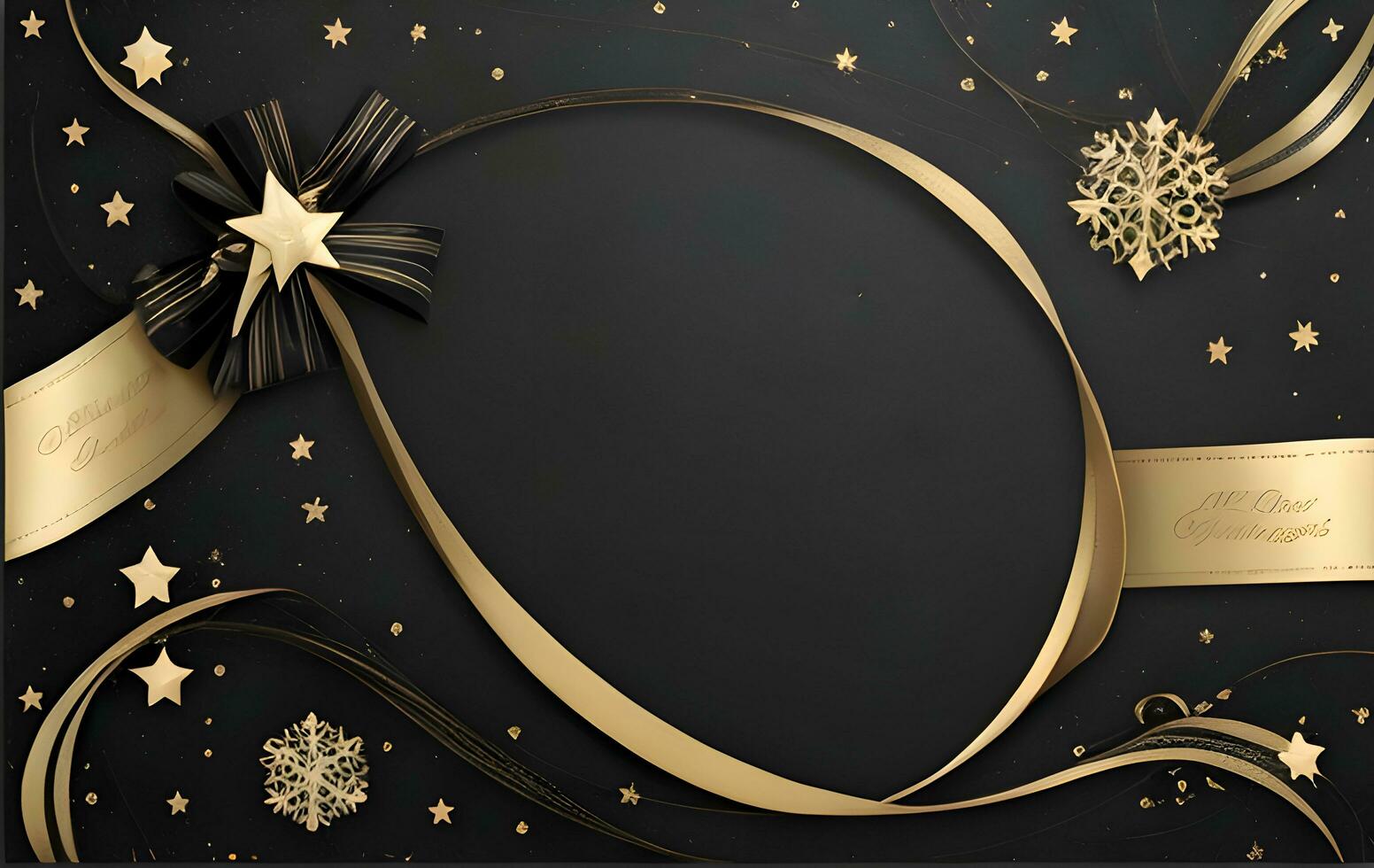 an elegant Christmas greetings banner with golden swirl ribbons gracefully winding around shining stars on a rich black background photo