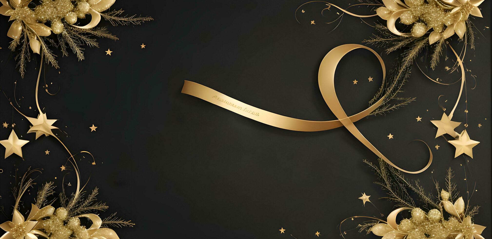 an elegant Christmas greetings banner with golden swirl ribbons gracefully winding around shining stars on a rich black background photo