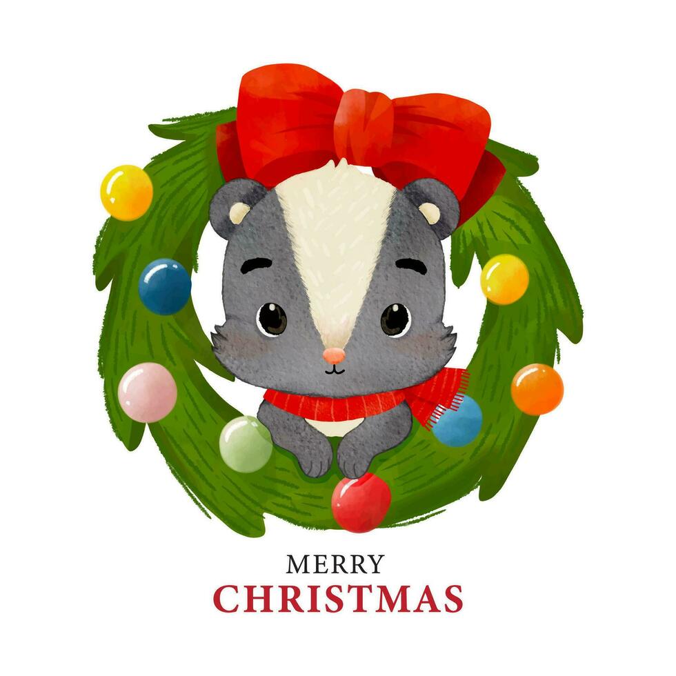 Merry Christmas with watercolor cute skunk sitting in Christmas wreath vector