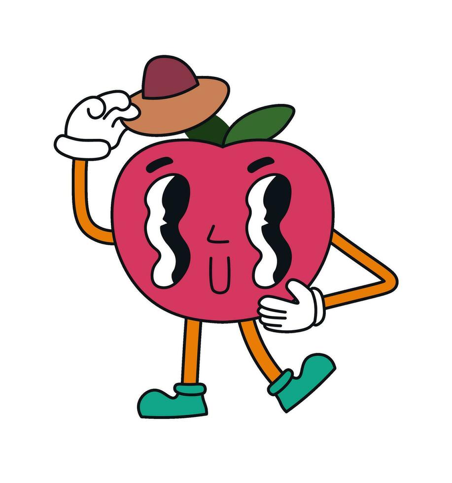 retro Cereza personaje, pegatina con sombrero vector