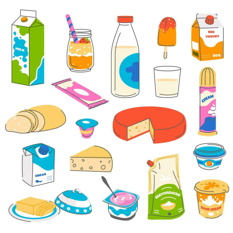 Milk and dairy products, cheese and yogurt dessert vector