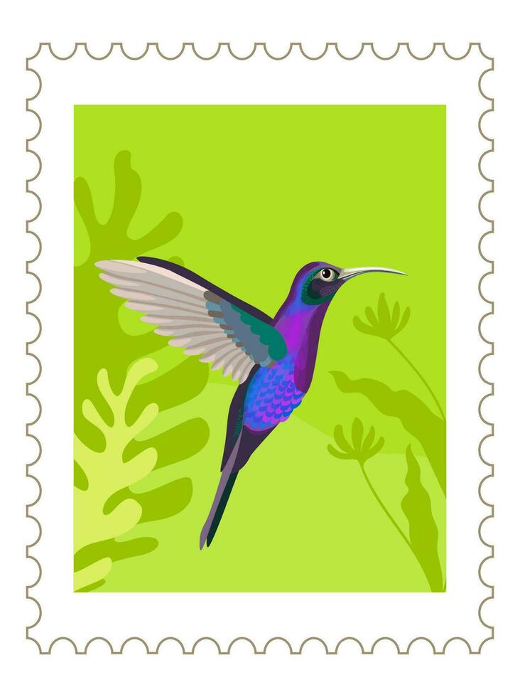 colibri pájaro y tropical vegetación matasellos vector