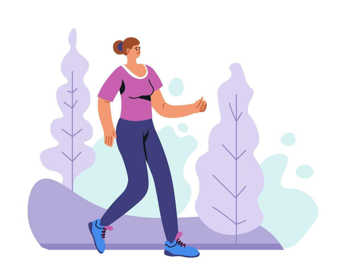 Woman running in forest, jogging female character vector