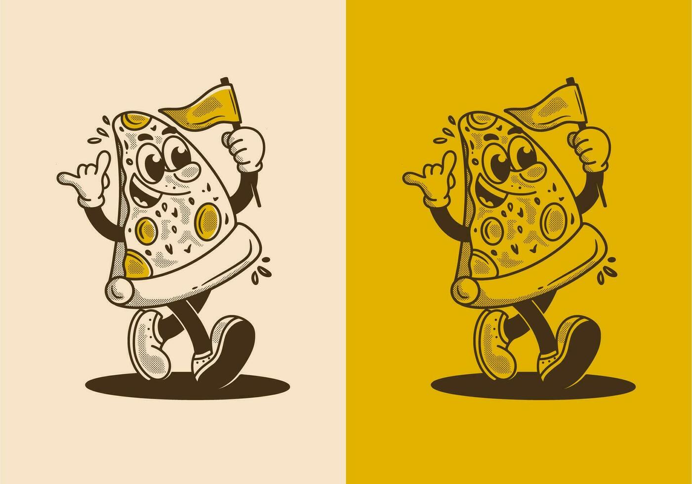 mascota personaje ilustración de caminando pizza, participación un bandera vector