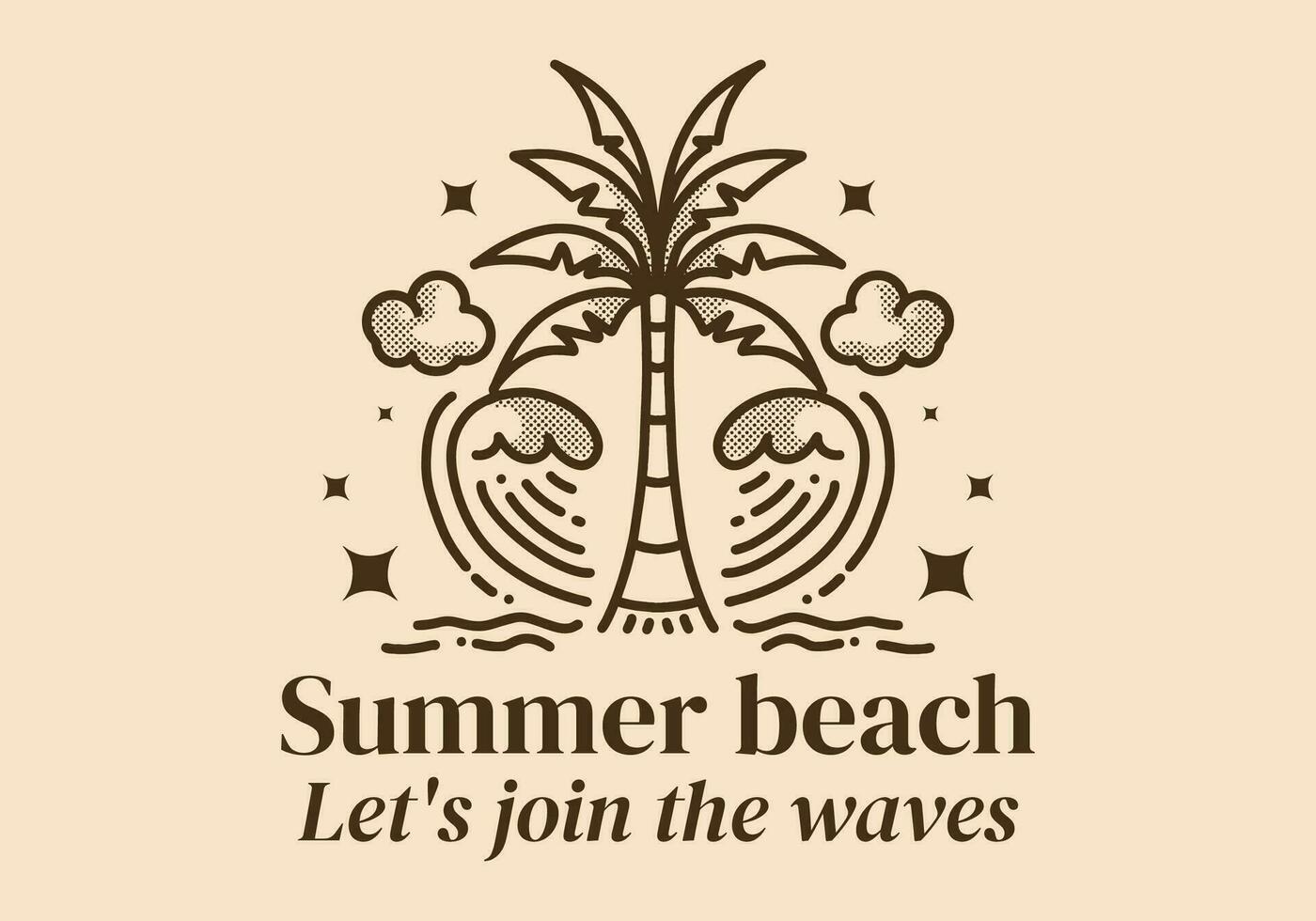 Summer beach, Let's join the waves. Line art illustration of coconut tree and waves vector