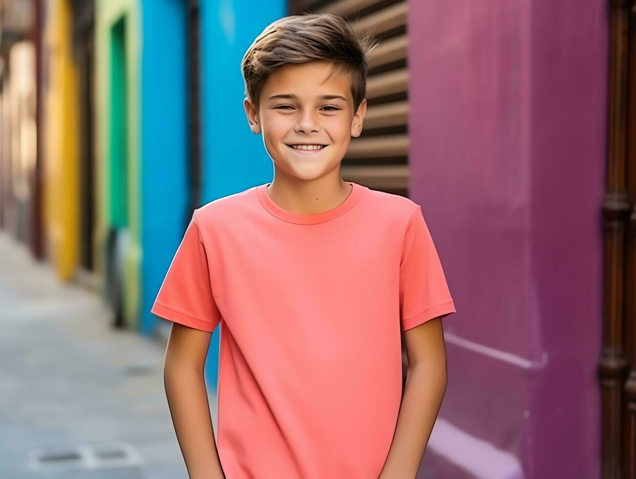 Cute boy wearing blank empty orange t-shirt mockup for design template, AI Generated photo