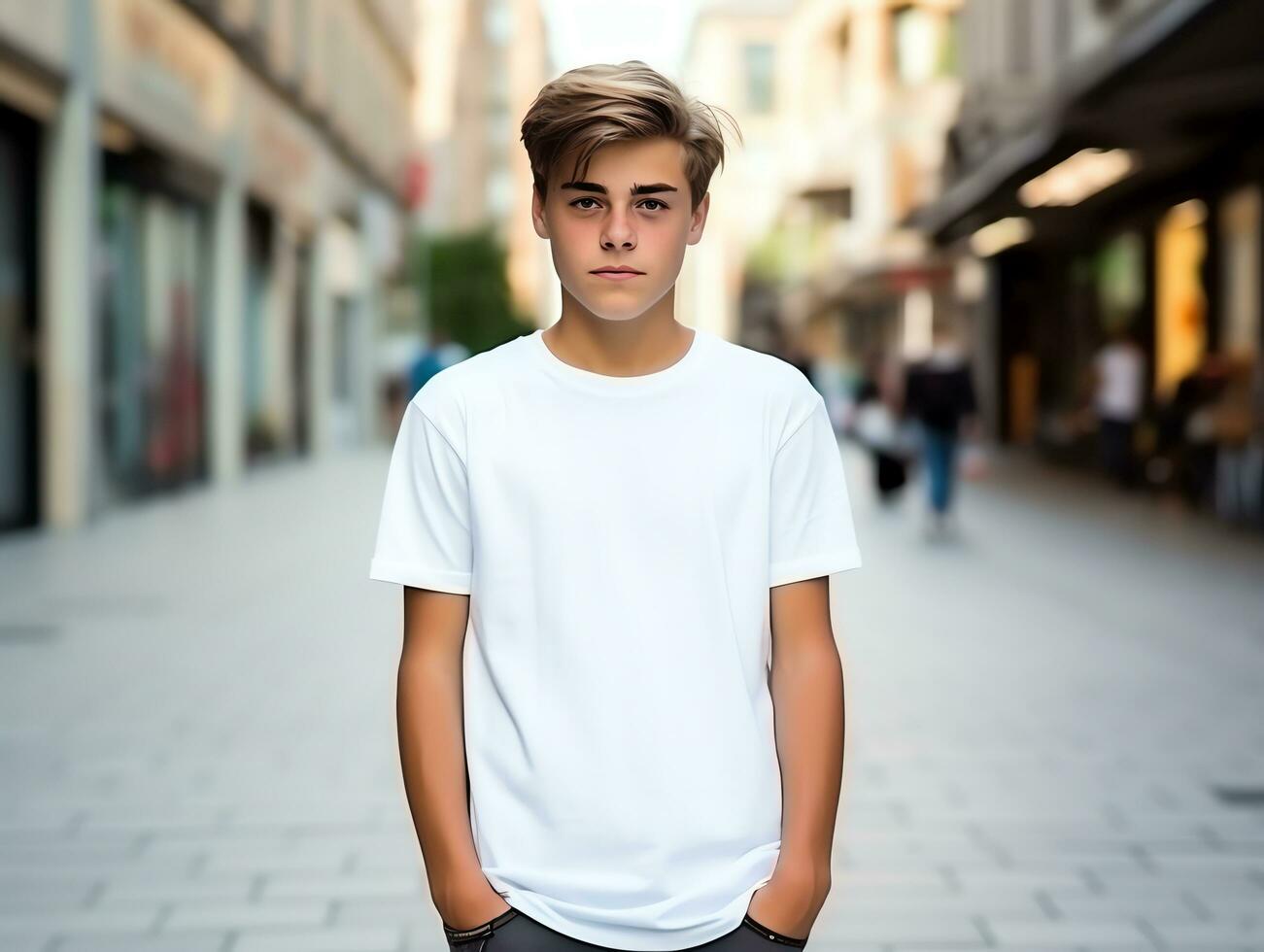 Cute boy wearing blank empty white t-shirt mockup for design template,AI Generated photo