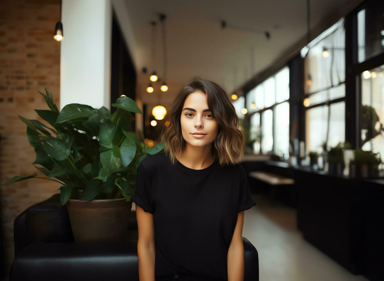 atractivo joven mujer vistiendo blanco vacío negro camiseta Bosquejo para diseño plantilla, ai generado foto