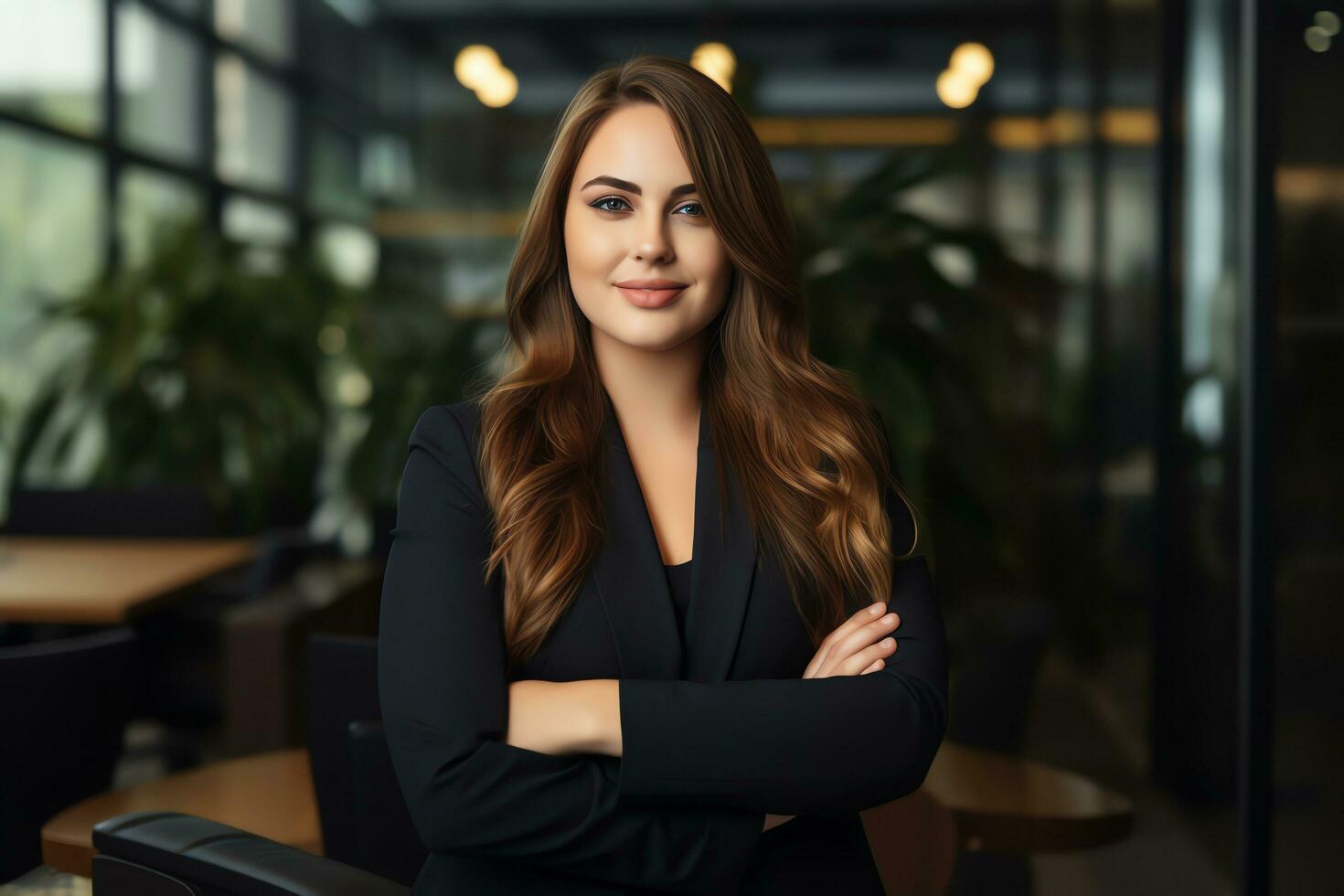 Plus size manager businesswoman CEO confident and standing front of modern office,AI Generated photo