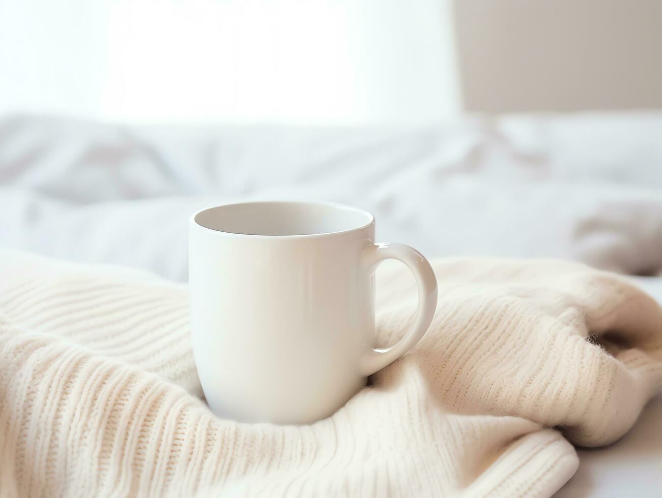 Blank empty white coffee mug mockup on warm knitted clothes in autumn and winter season,AI Generated photo