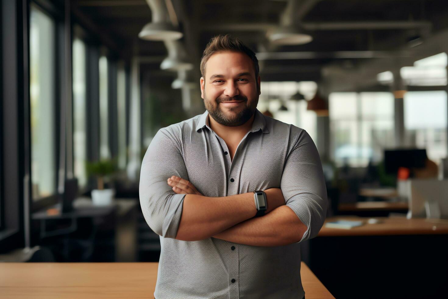 Plus size manager businessman CEO confident and standing front of modern office,AI Generated photo