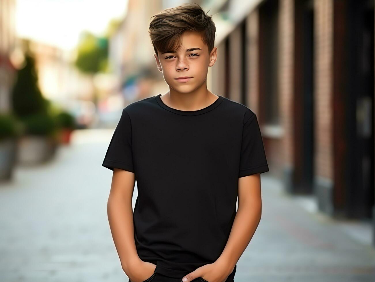Cute boy wearing blank empty black t-shirt mockup for design template,AI Generated photo