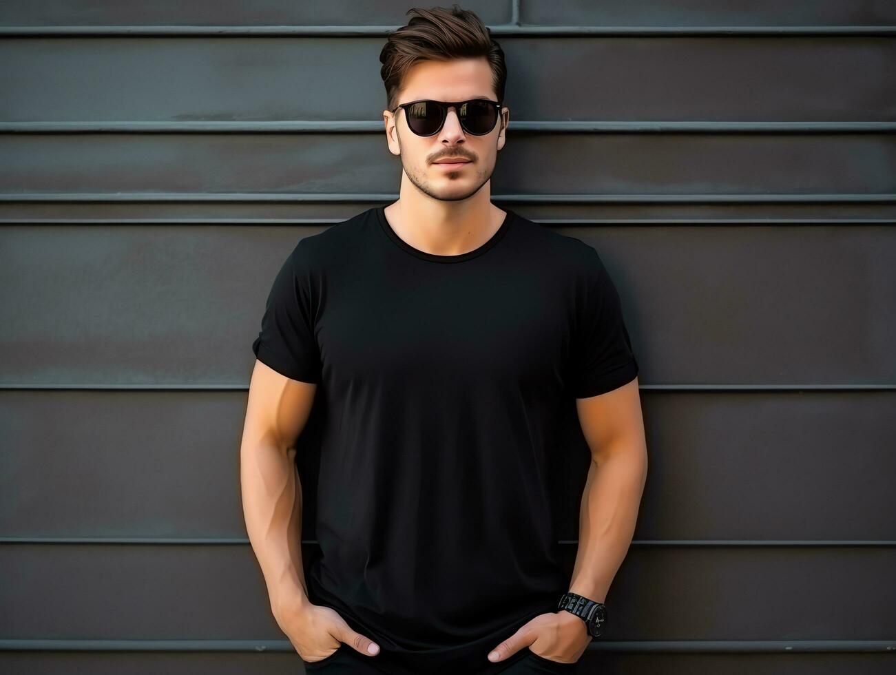 A man with sunglasses wearing blank empty black t-shirt mockup for design template,AI Generated photo