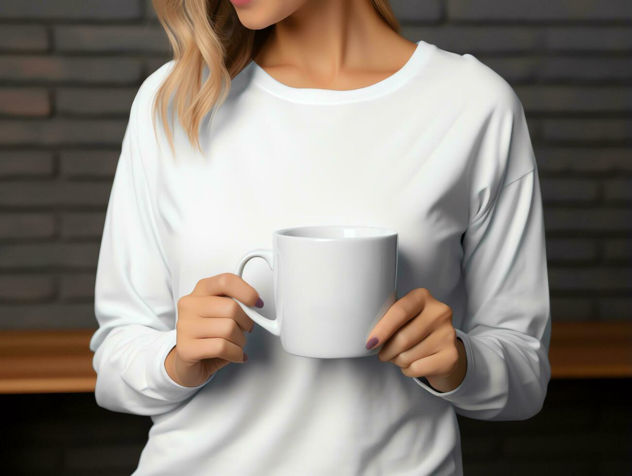 Woman in sweater holding blank empty white mug mockup for design template,AI Generated photo