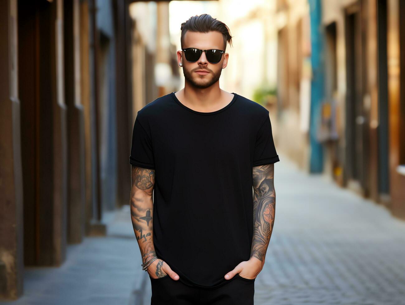 A man with sunglasses wearing blank empty black t-shirt mockup for design template,AI Generated photo