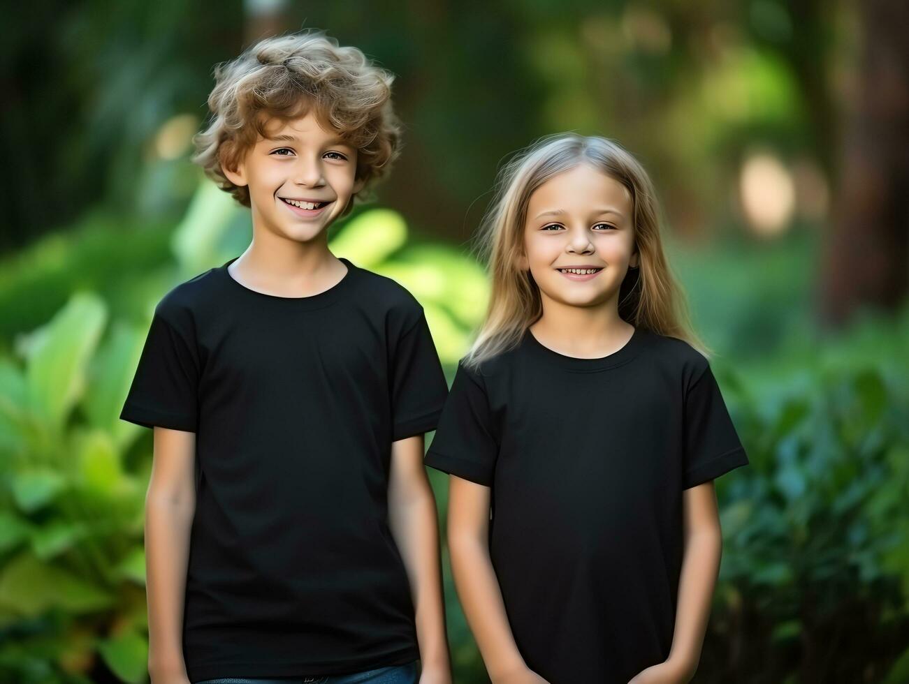 Cute sibling or friend, boy and girl wearing blank empty black tshirt mockup for design template,AI Generated photo