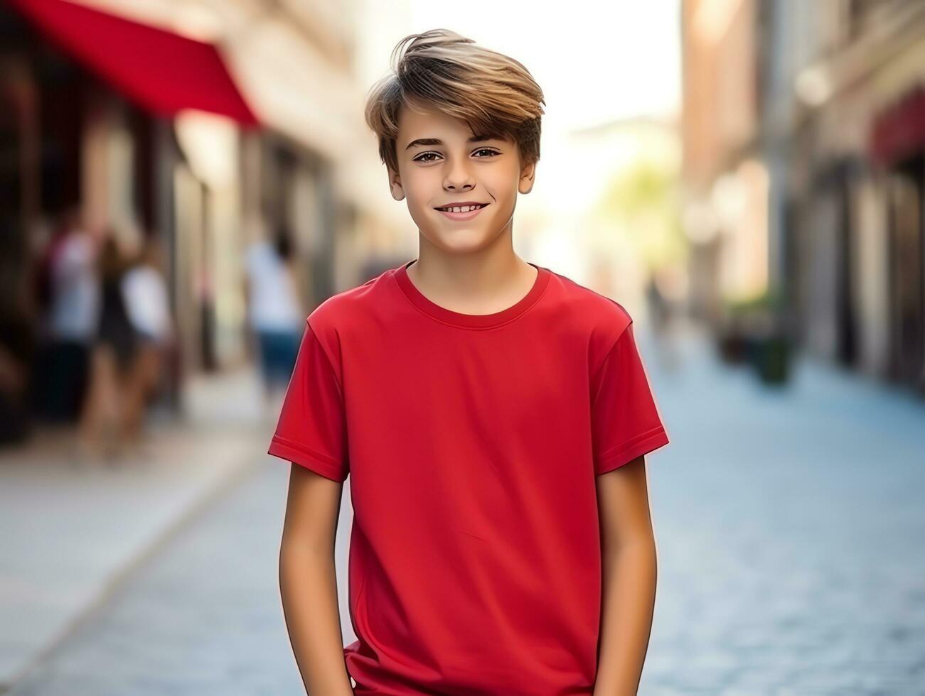 Cute boy wearing blank empty red t-shirt mockup for design template,AI Generated photo