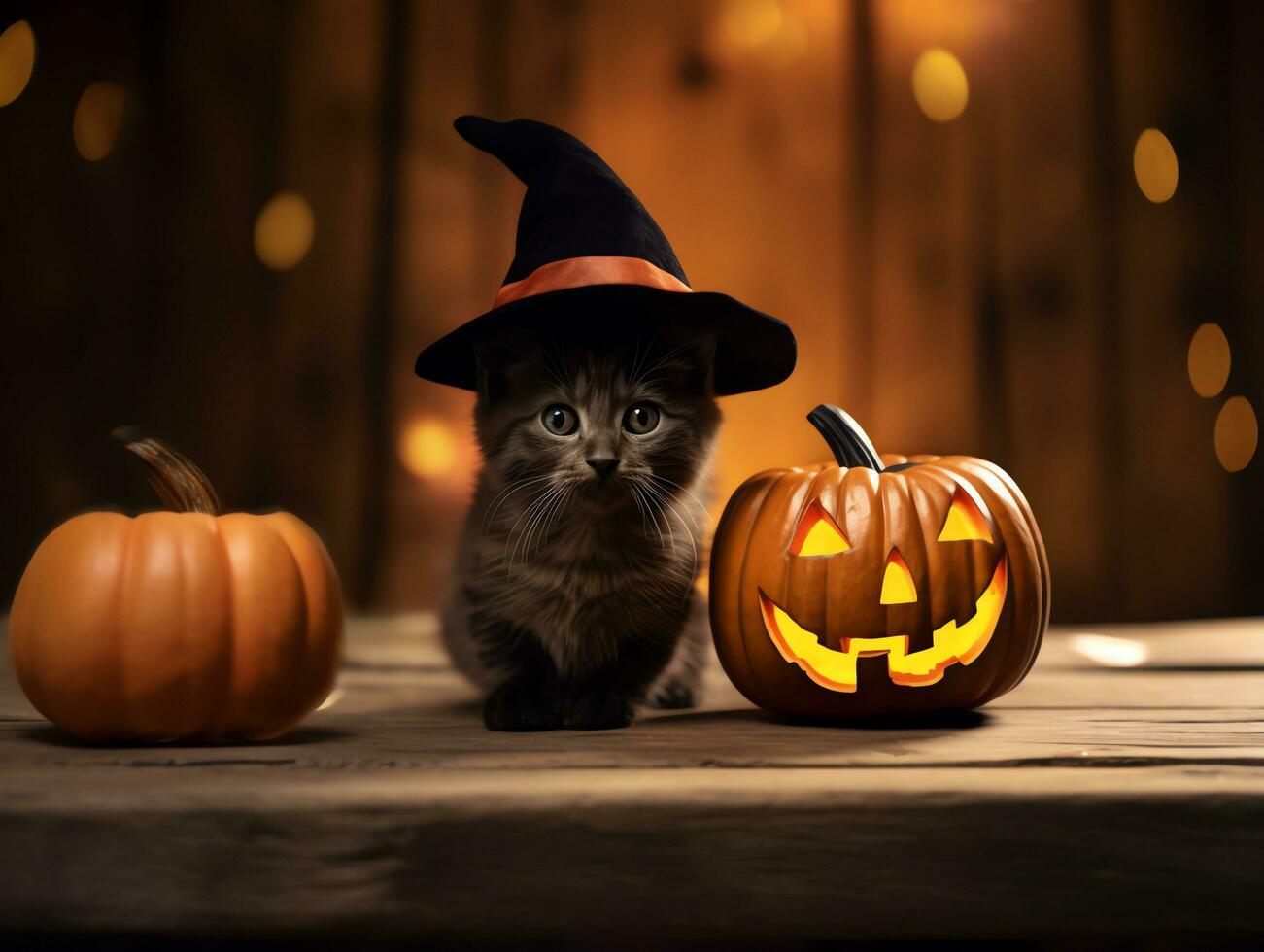 Víspera de Todos los Santos calabaza con gato en de madera mesa parte superior con borroso noche escena fondo generado foto