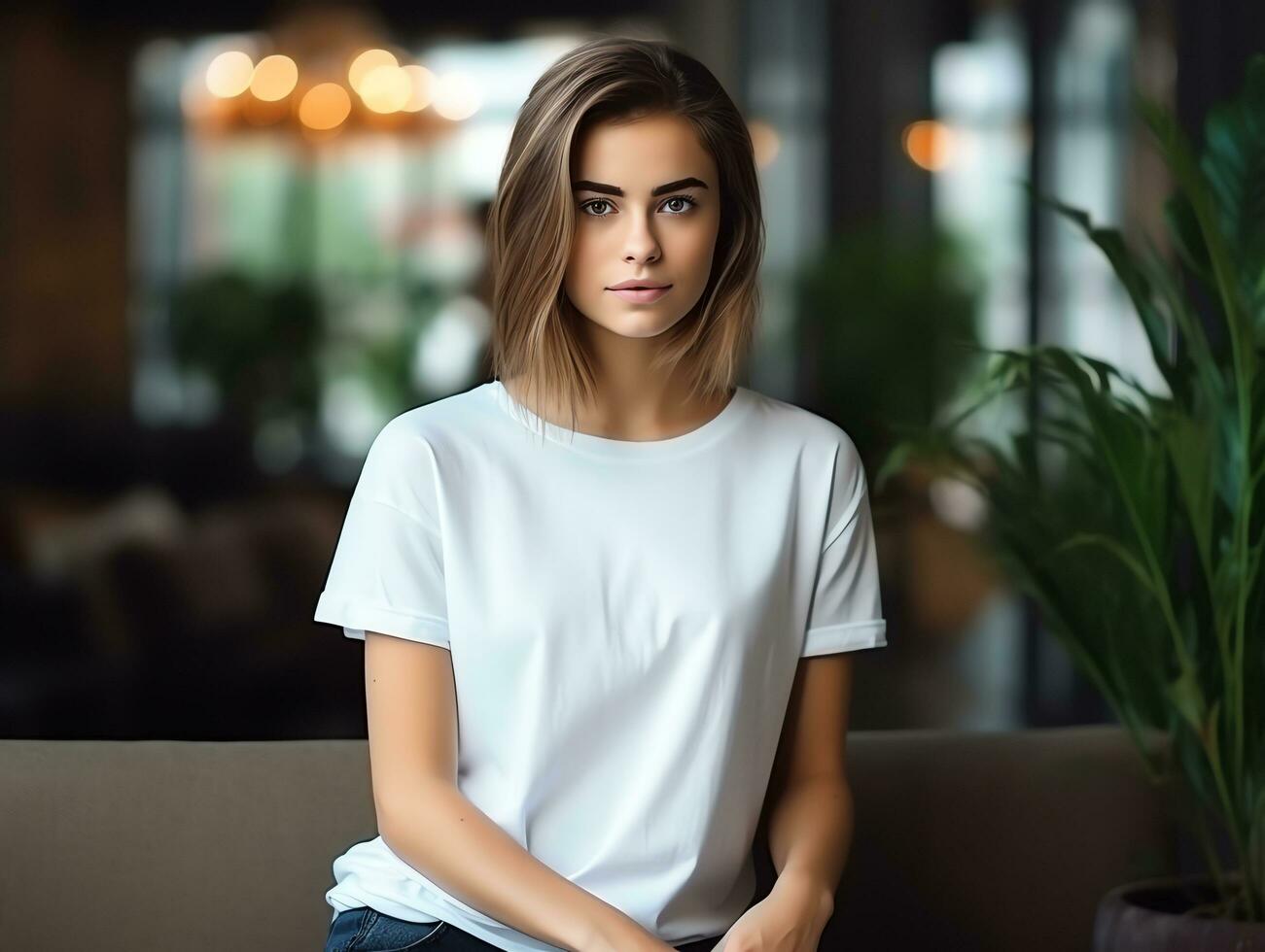 atractivo joven mujer vistiendo blanco vacío blanco camiseta Bosquejo para diseño plantilla, ai generado foto