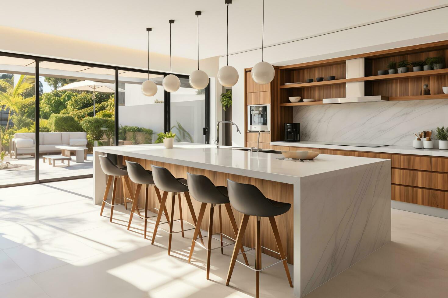 Modern luxury design kitchen room interior, dining island table with chairs, AI Generated photo