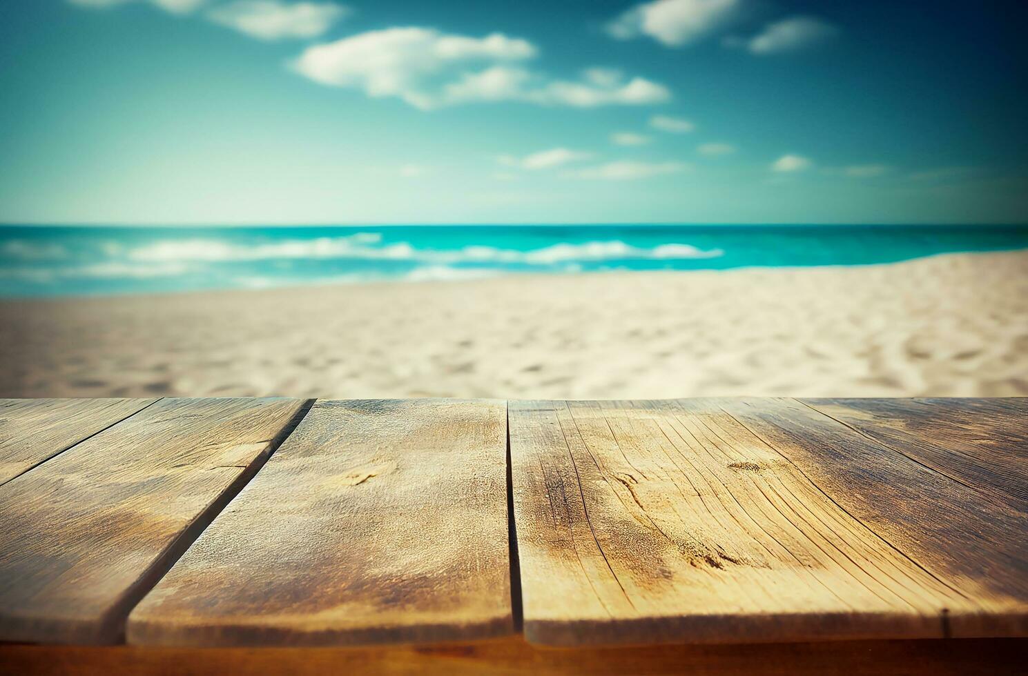 Abstract empty wooden desk tabletop with copy space over summer sand beach blurred background, display for product montage, AI Generated photo