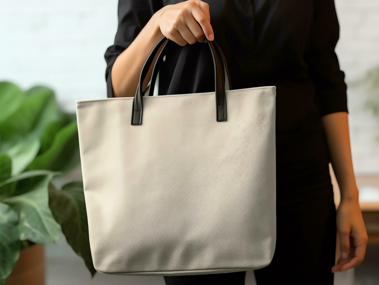 Woman holding blank empty canvas bag for shopping, eco friendly concept,AI Generated photo