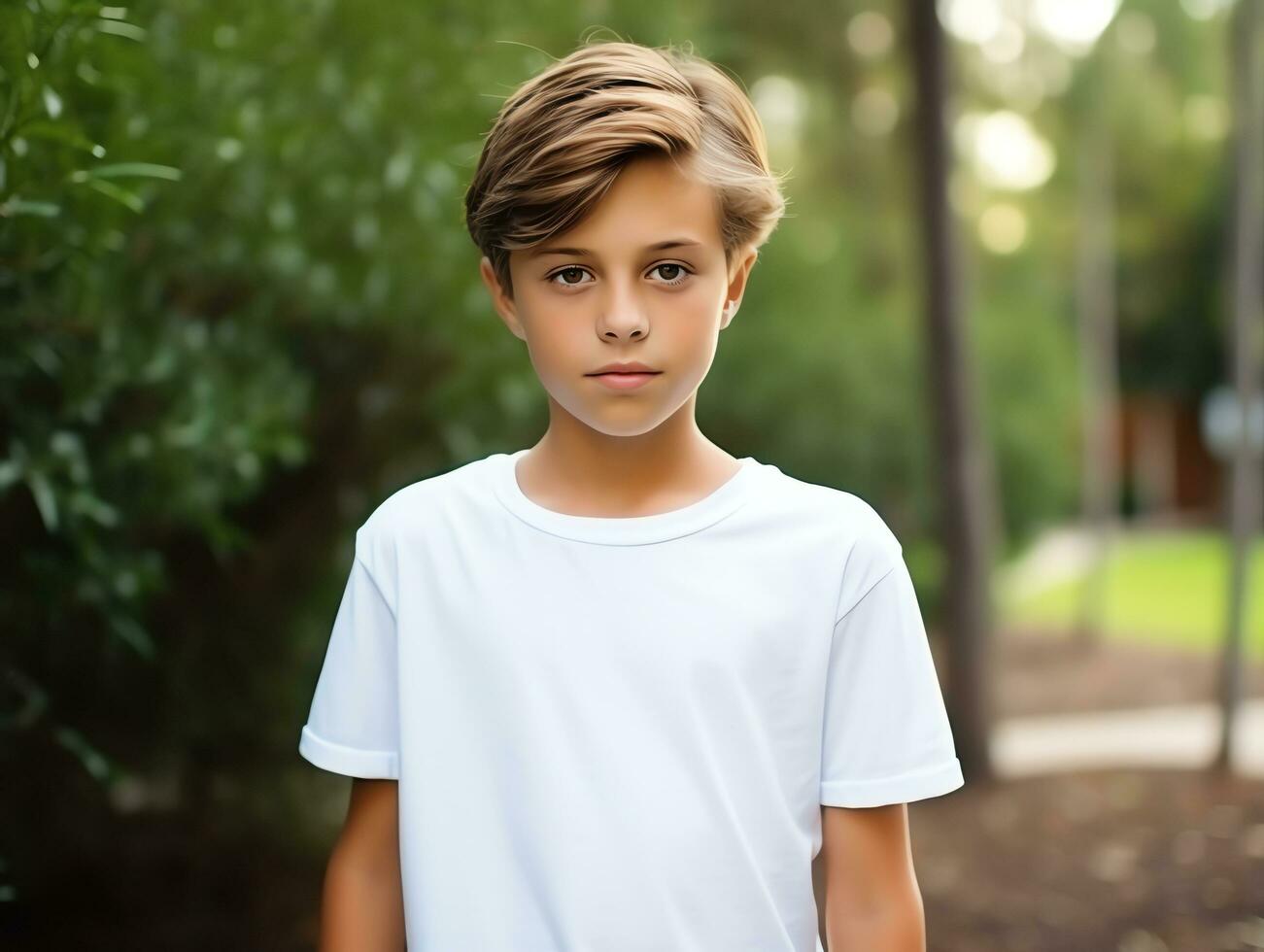 Cute boy wearing blank empty white t-shirt mockup for design template,AI Generated photo