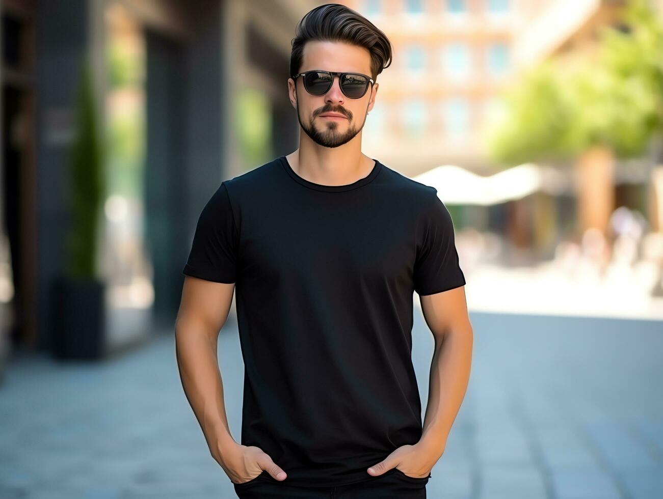 A man with sunglasses wearing blank empty black t-shirt mockup for design template,AI Generated photo