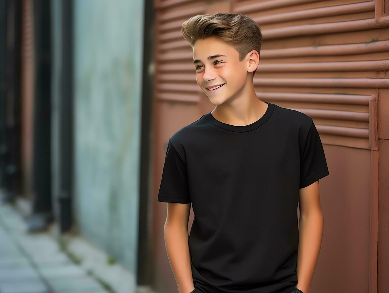 Cute teen boy wearing blank empty black t-shirt mockup for design template, AI Generated photo