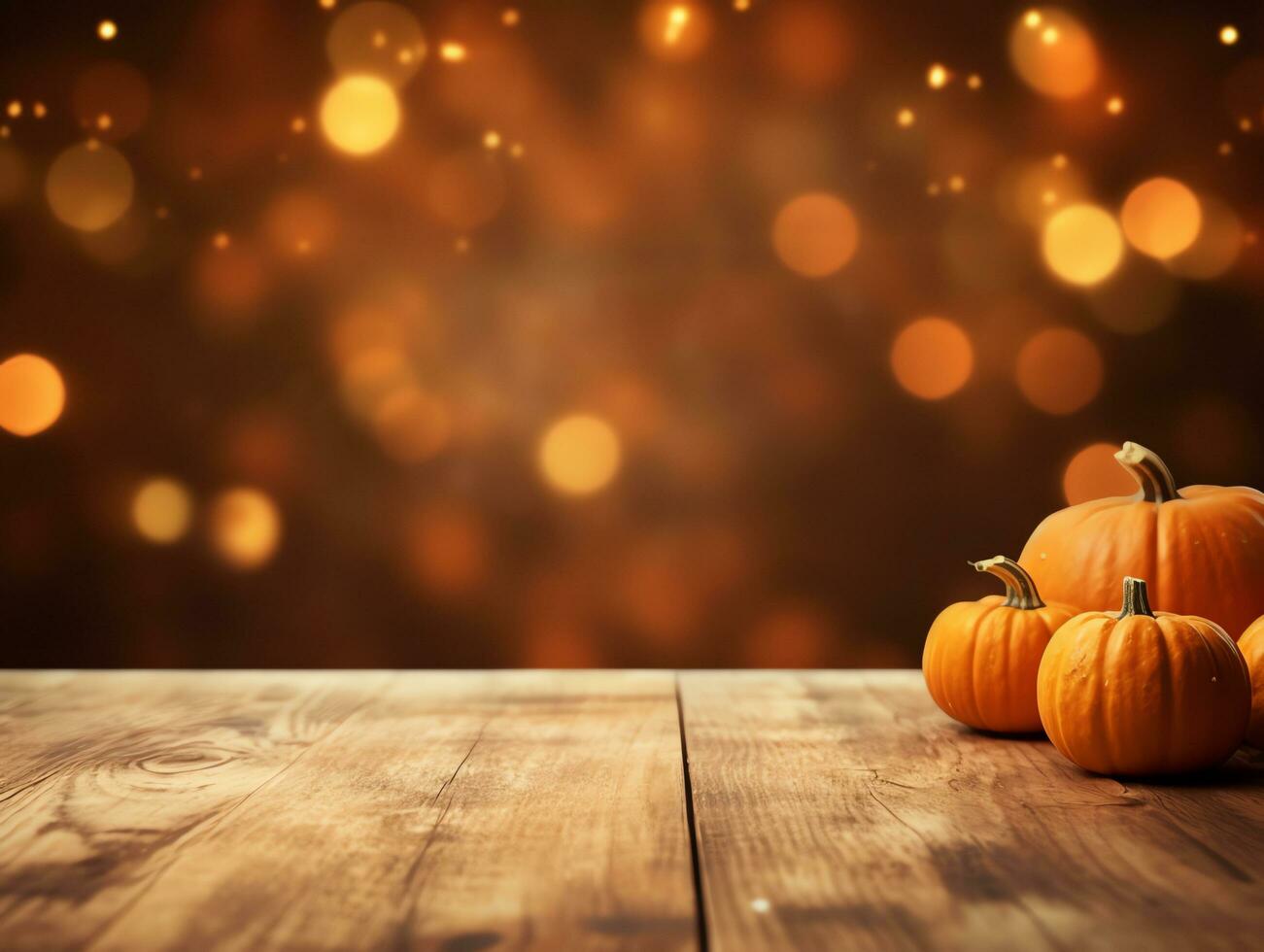 Halloween decorative on wooden table top with blurred night light scene background, AI Generated photo