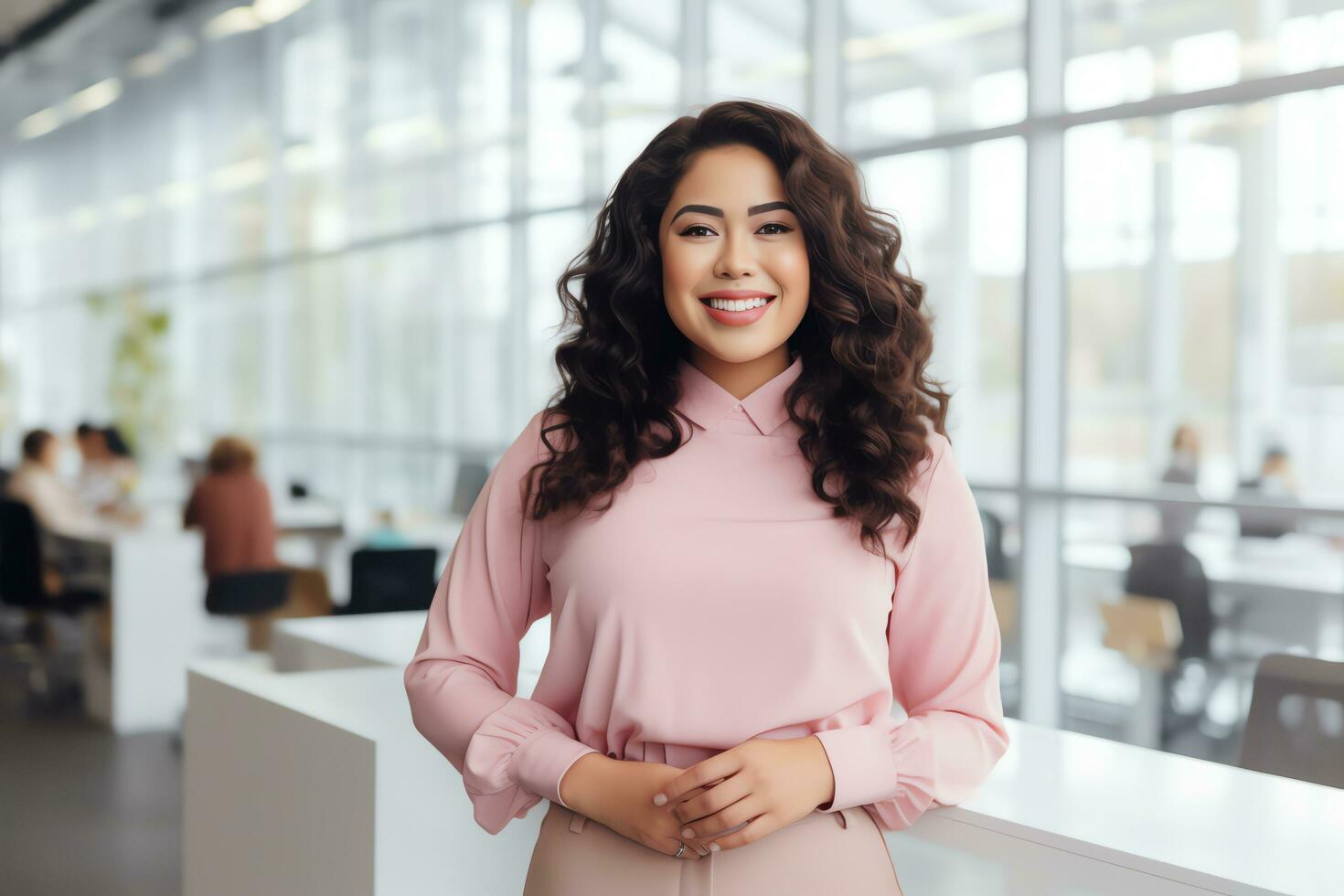 atractivo Hispano mujer de negocios CEO confidente y estando frente de moderno oficina, ai generado foto