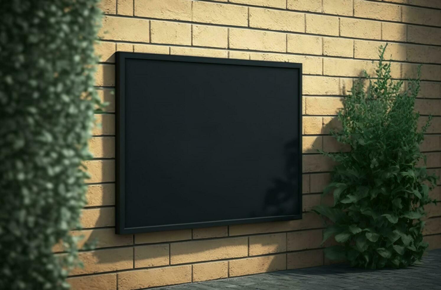 Black blank signboard mock up street store or company on wall, billboard template, AI Generated photo