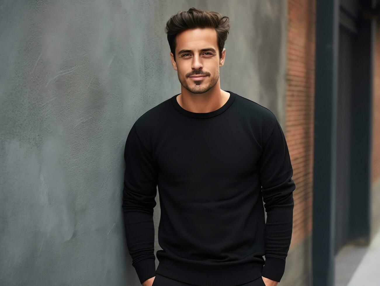 Attractive young man wearing blank empty black t-shirt long sleeves mockup for design template,AI Generated photo