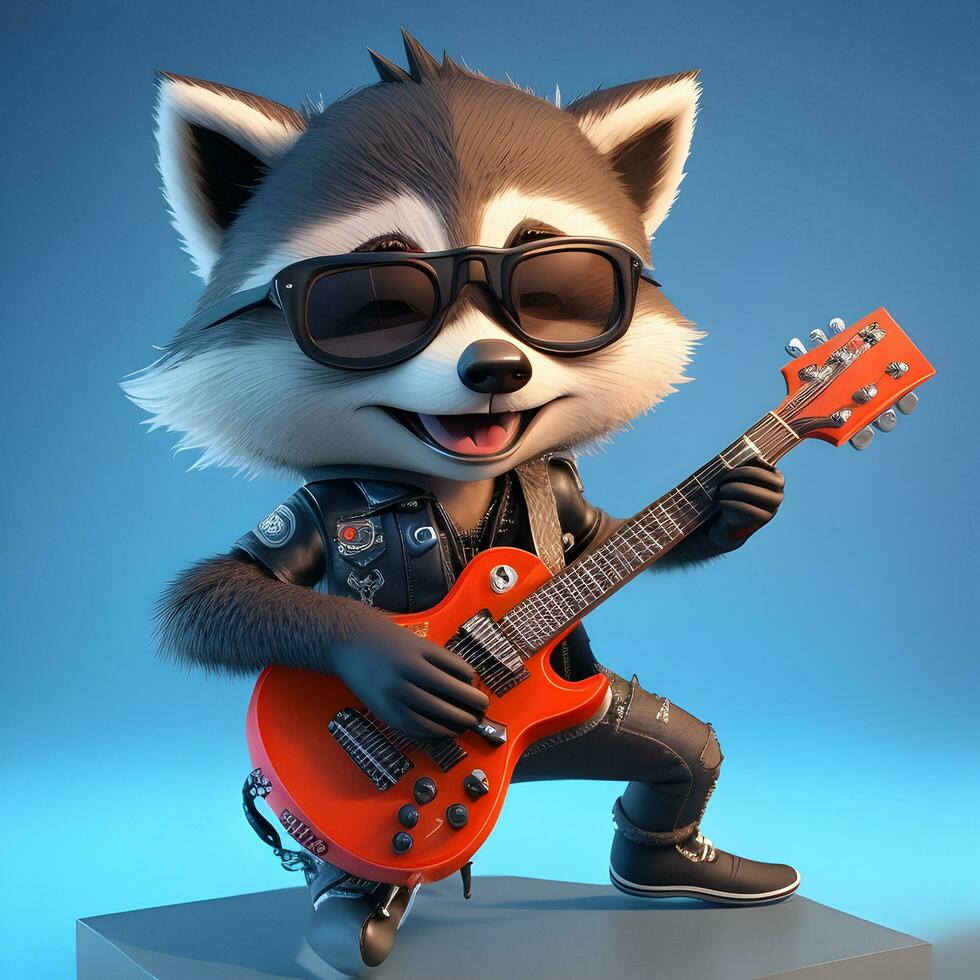 Smart cat rockstar 3D cartoon raccoon character with a guitar and cool shades photo